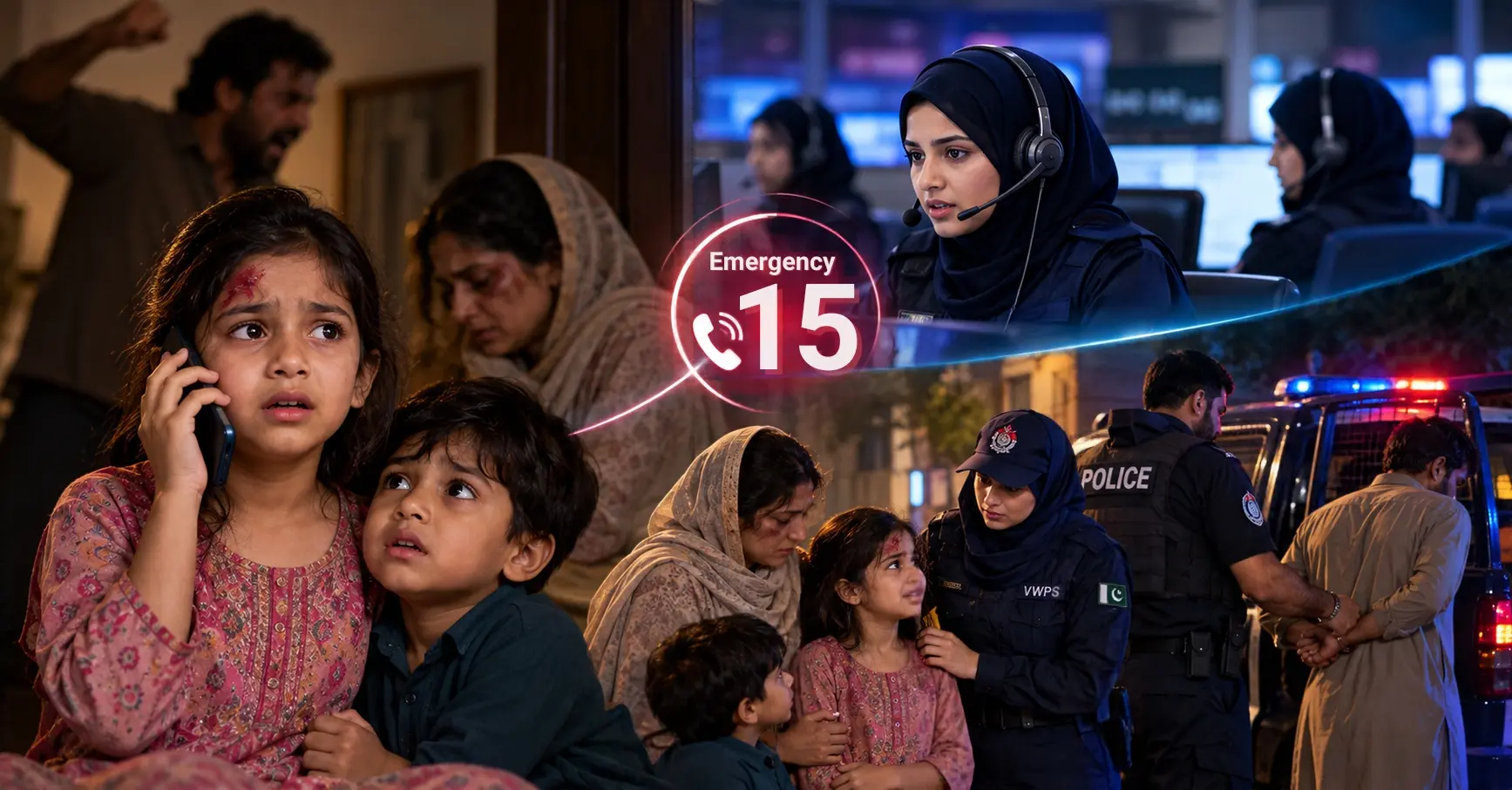 Emergency 15 and the Virtual Women Police Station coordinated police assistance to protect a mother and her children following a domestic violence incident in Tajpura, Lahore.