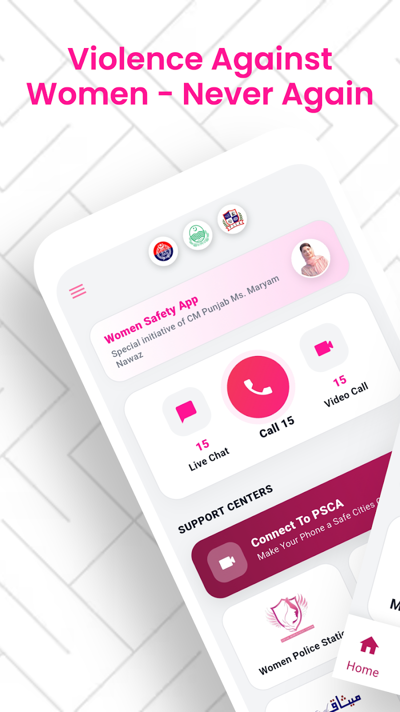 Women Safety App on a phone — Live Chat, Call 15 and Video Call options